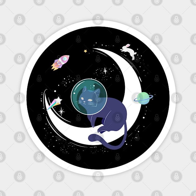 Black cat astronaut in space with the moon, rocket, shooting star, rabbit and planet Magnet by keeplooping